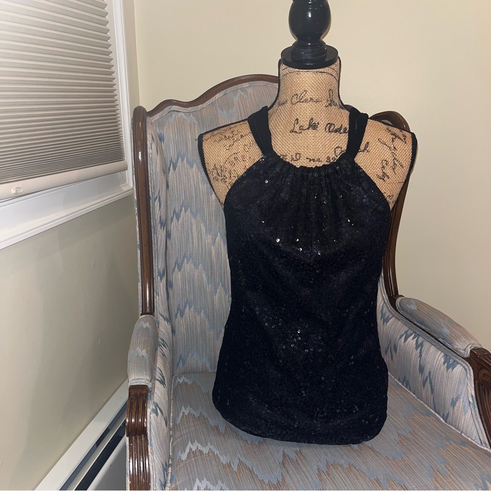 Tahari Dressy Black Sequin Halter top,sheer chiffon mesh straps keyhole tie back - Picture 2 of 11